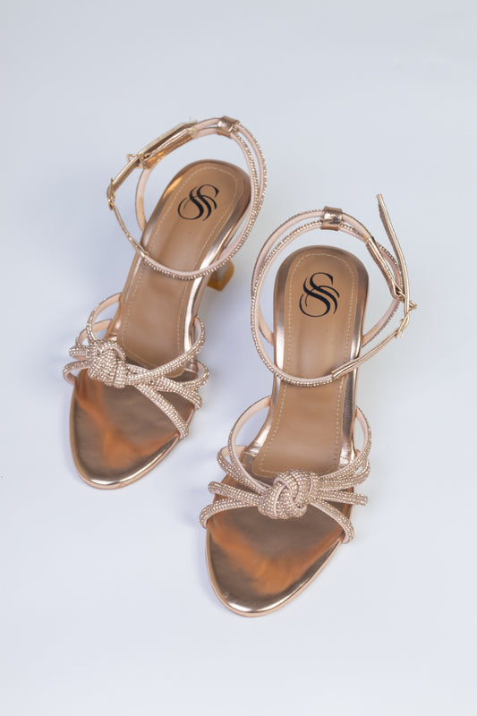 Rose Gold Strappy Heels with Knotted Detail